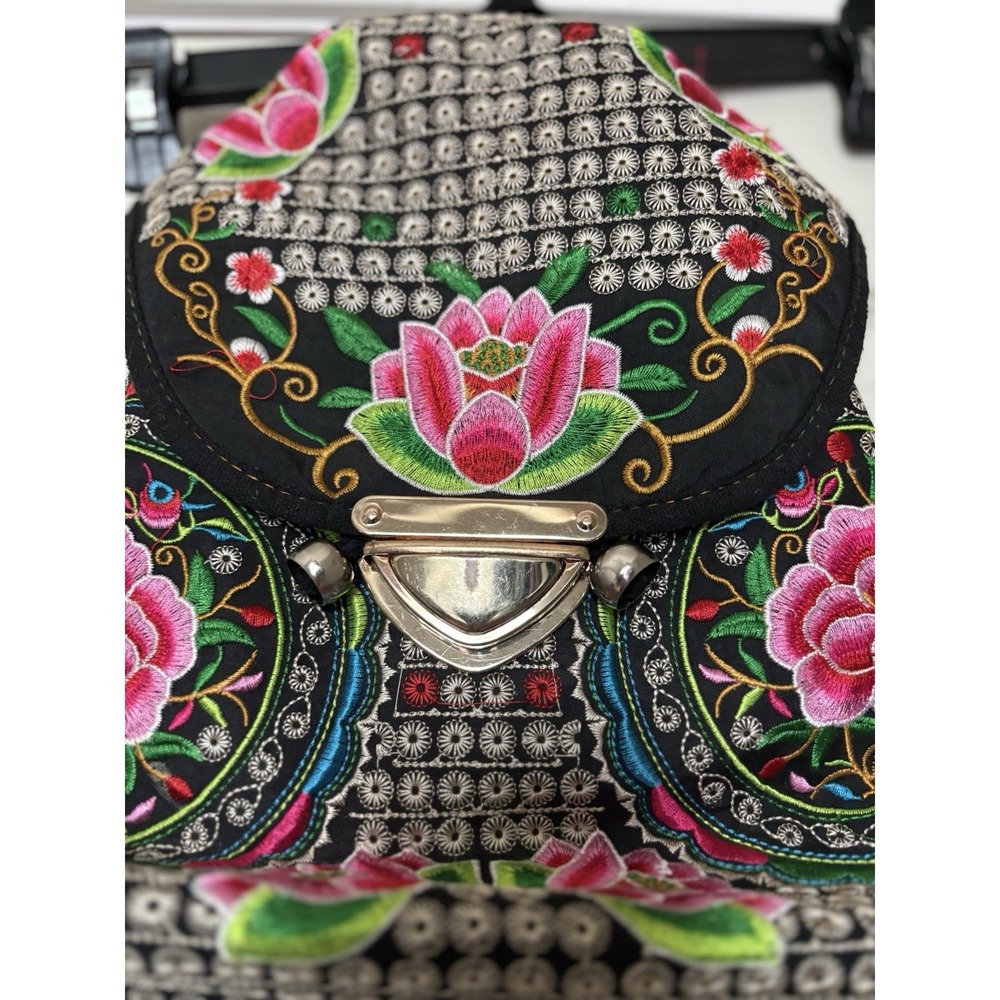 Woven Bohemian Embroidered Rose Backpack Black Trim Multicolored Boho Gold Clasp